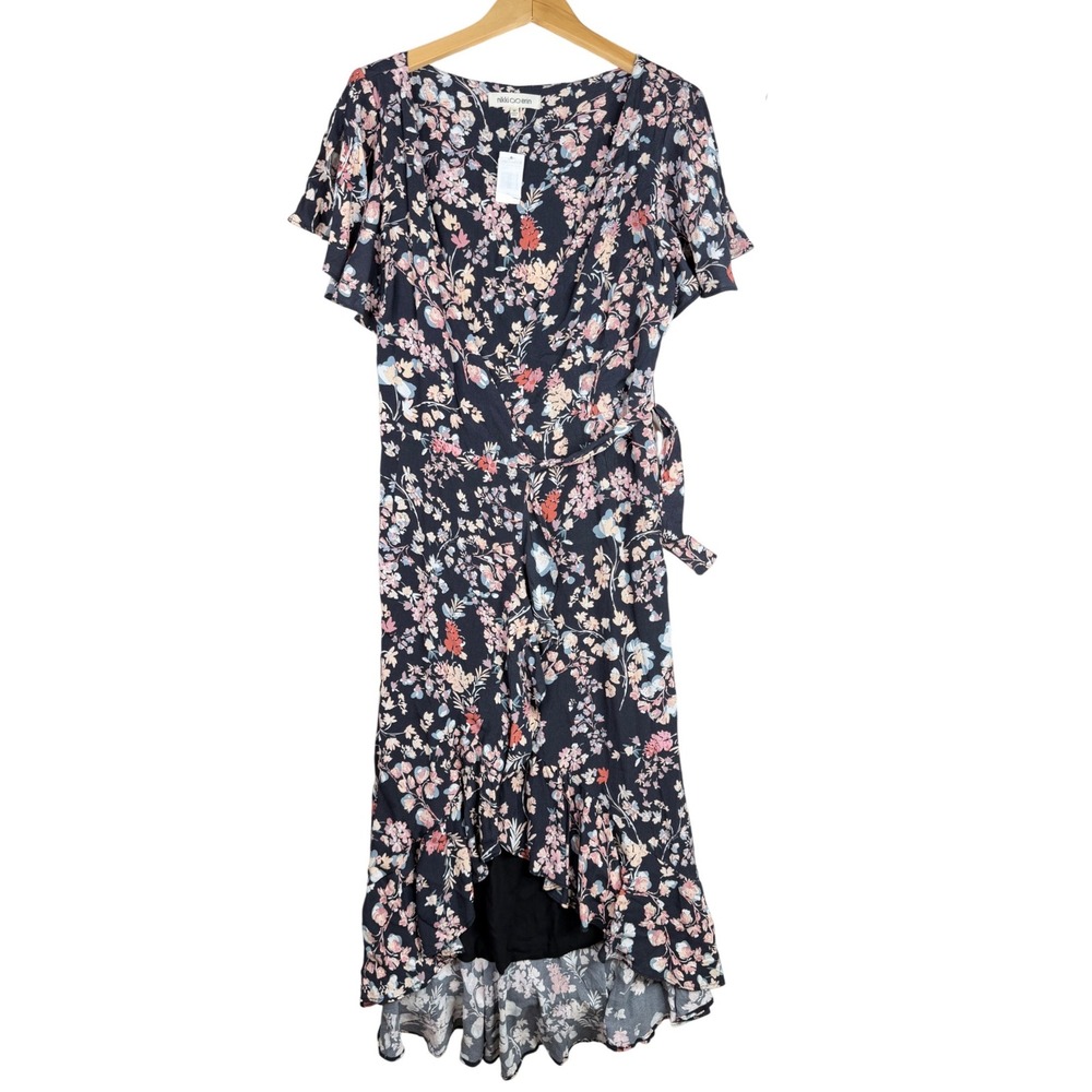 New Nikki Erin Floral Print Surplice Hi Low Wrap Dress size‎ Medium Black/White